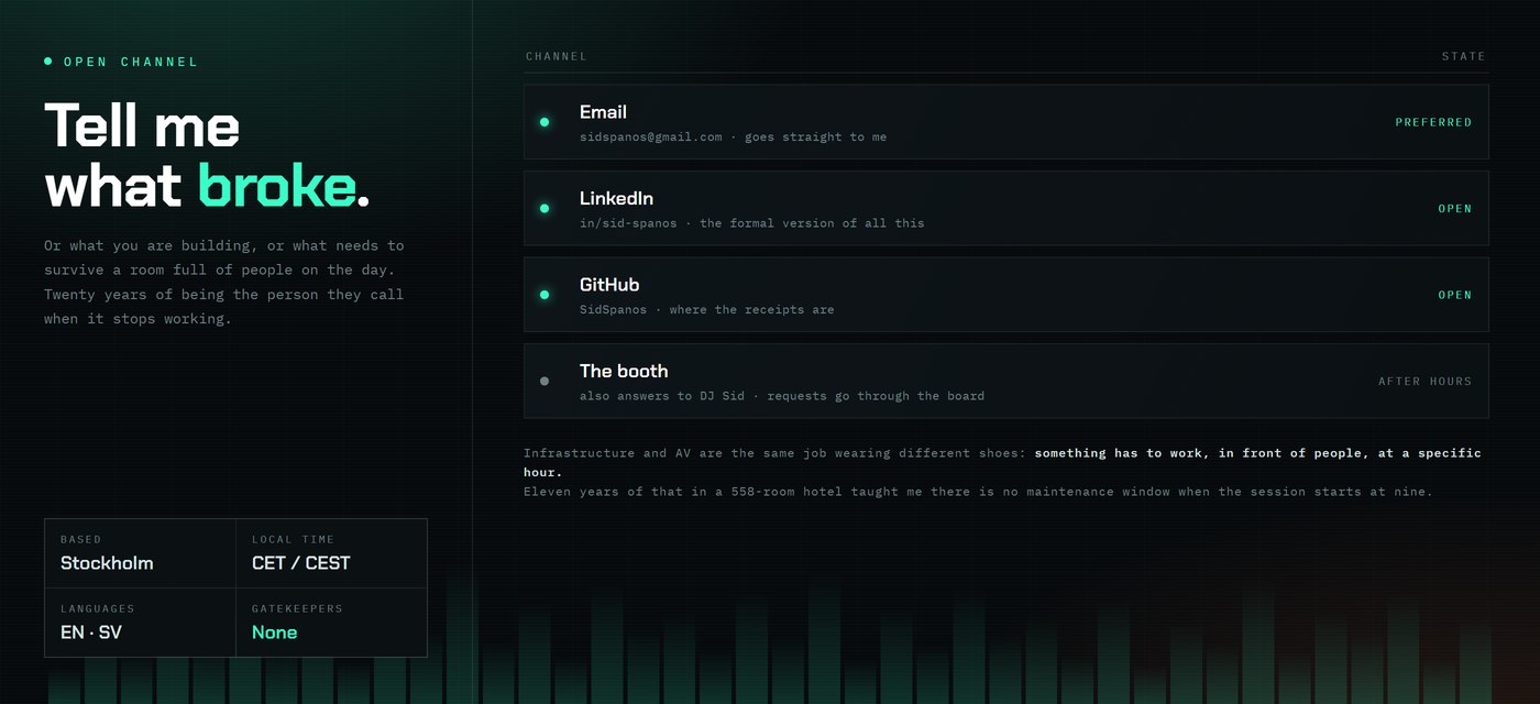 Contact panel listing email as the preferred channel, LinkedIn and GitHub open, and the DJ booth after hours, with location Stockholm and no gatekeepers.