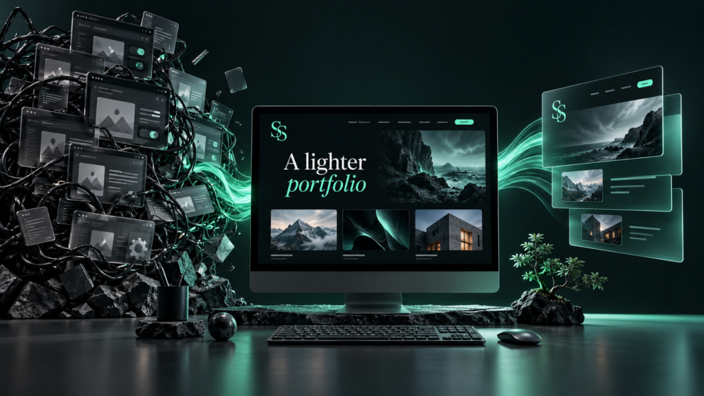 Concept illustration of a dark portfolio website, with tangled interface layers becoming a simpler streamlined design.