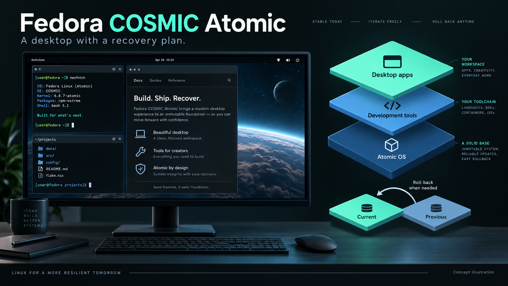 Initial AI-generated desktop concept with illustrative software layers; not an actual COSMIC screenshot.