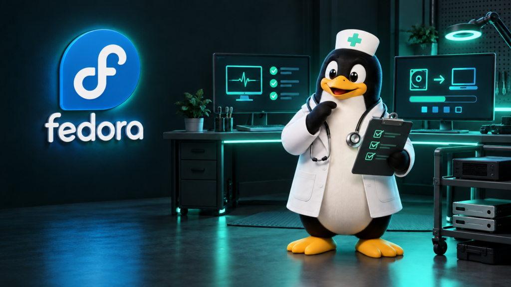 Fedora logo beside a Linux penguin wearing a white coat, nurse hat and stethoscope, holding a checklist in a computer recovery lab.