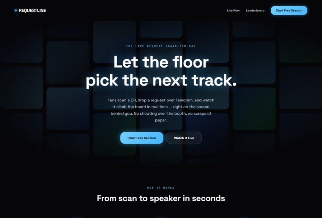 RequestLine landing page: the live request board for DJs, with the line let the floor pick the next track over a dark tiled background.