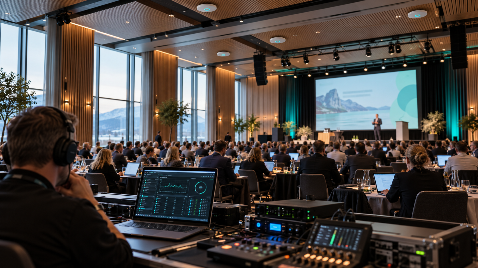 Illustration of conference delegates using laptops, viewed from a technical operations desk.