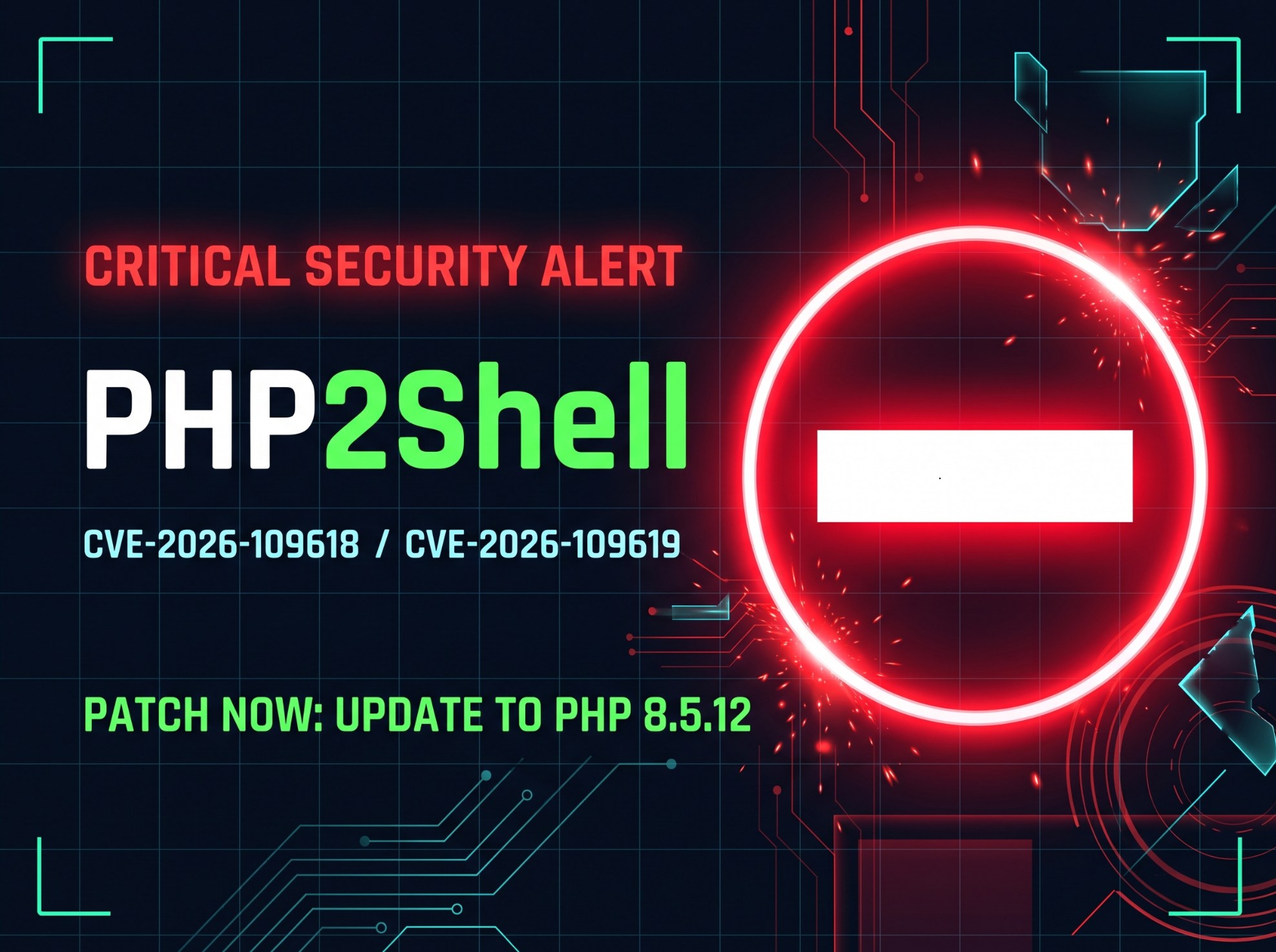 Red no-entry sign beside the text PHP2/SHELL and CVE-2026-109618 / 109619, status blocked, PHP 8.5.12, in a dark mint HUD style