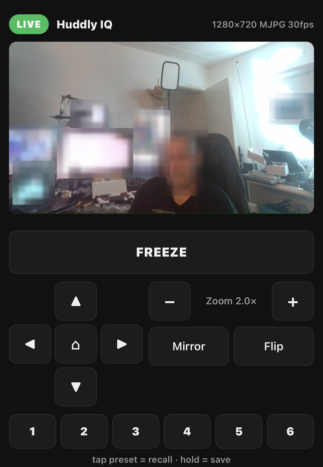 camhdmi phone control panel: live camera preview with LIVE tally, D-pad, zoom and presets